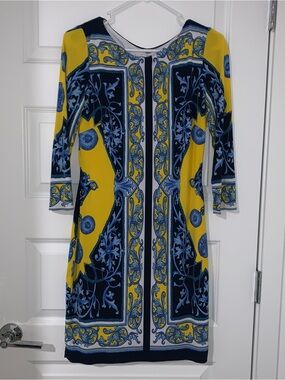 Cache Yellow and Navy Blue Printed Long Sleeve Sheath Dress